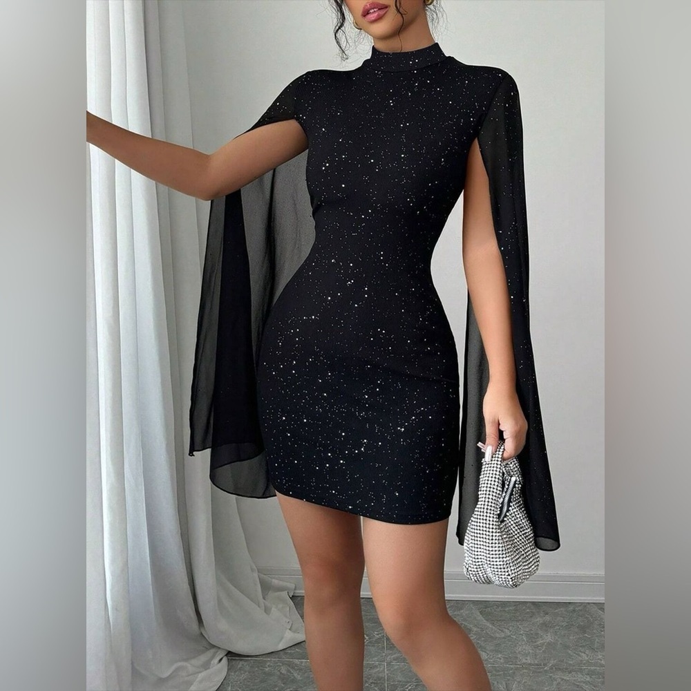 Glitter Cape Sleeve Mini Dress
